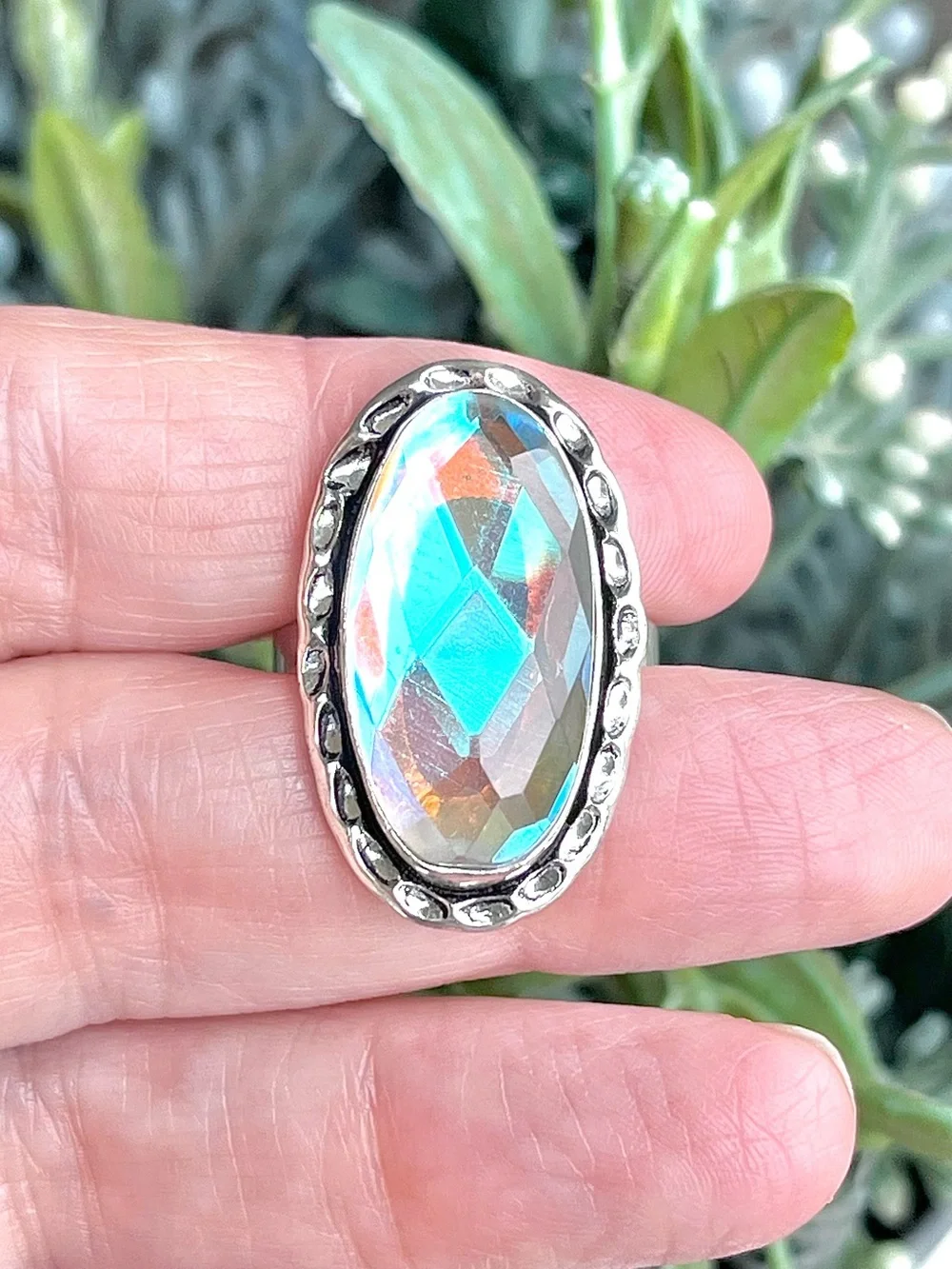Faceted Aura Rainbow Topaz 925 Sterling Silver Ring Sz 8.5